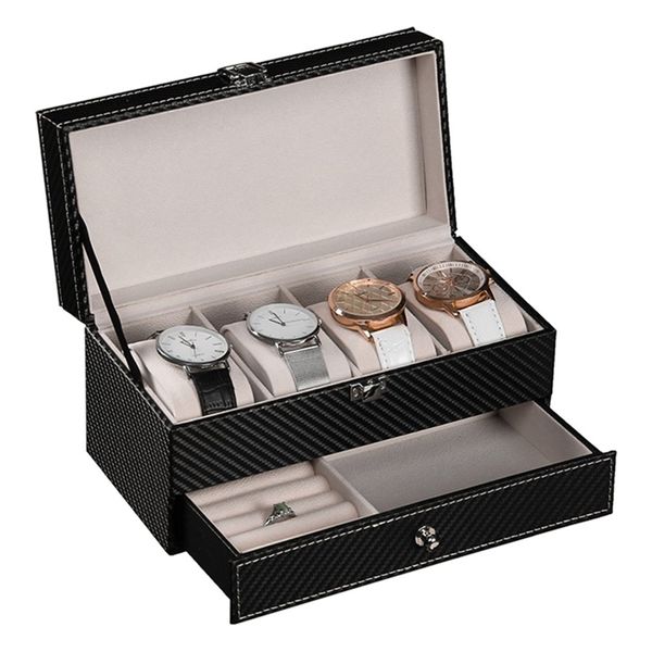 Boîte en Fiber de carbone 2 couches 4 bits avec tiroir de rangement de montre, vitrine de collection de bijoux 220719