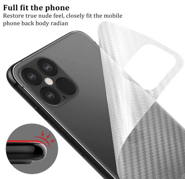 Film de protection d'écran arrière en fibre de carbone pour iPhone 12 11 pro Max XR XS Max 8 Film autocollant en fibre de carbone souple transparent 3102167