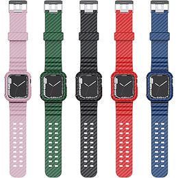 Koolstofvezel Case en riem voor Apple Horloge 45mm 44mm 42mm 40mm 38mm bands Sport Polsbandjes Armband Iwatch Series SE 7 6 5 4 3 Horlogeband Anti Herfst Schokbestendig