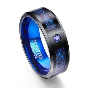 Fibre de carbone exquis bleu Zircon carbure de tungstène hommes anneaux Anillos noir Dragon motif anneaux de conception de mode