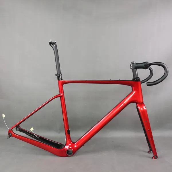 Cuadro de bicicleta de grava de fibra de carbono GR044, freno de disco de montaje plano, vástago de Cable externo rojo de Metal y manillar, neumático máximo 700X45C