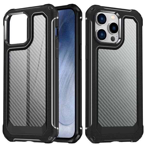 Étuis antichoc hybrides en fibre de carbone pour iPhone 15 14 Plus 13 Pro Max 12 X XR XS 8 7 6 PC dur en plastique TPU Clear Business Men Hit Color Vertical Clear Mobile Phone Back Cover