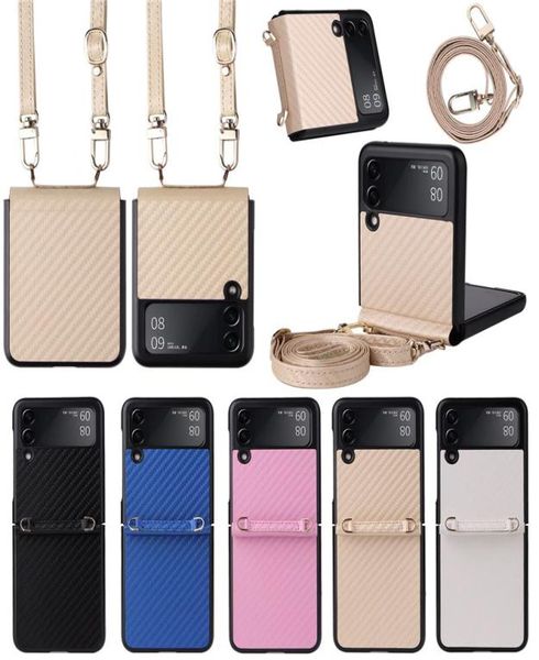 Étui de téléphone en cuir de Fiber de carbone pour Samsung Galaxy Z Flip 3 5G sac avec housse de sangle de chaîne pour Samsung Z Filp3 5G Case7490433