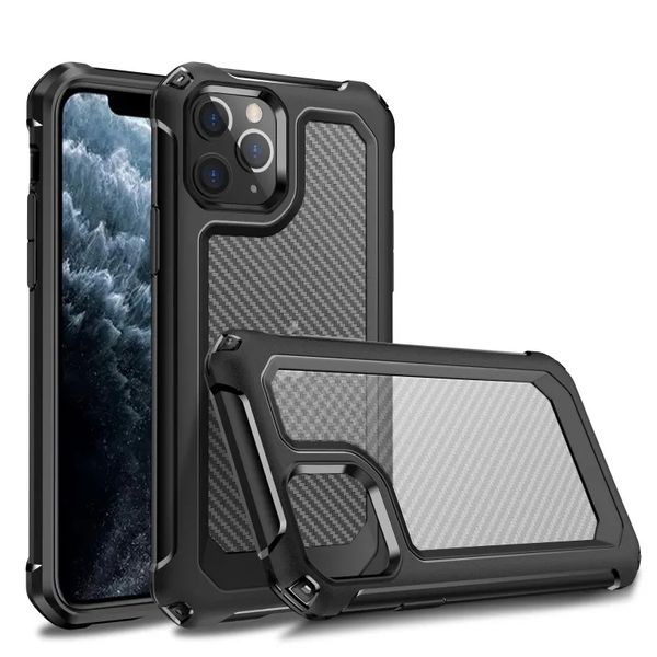 Funda a prueba de golpes de grado militar de fibra de carbono para iPhone 15 14 13 12 11 Pro Max XS XR X Plus Samsung S22 S21 Ultra Hard Back Soft TPU Marco de parachoques Cubierta protectora del teléfono