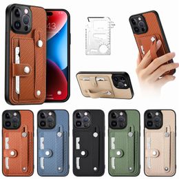 Koolstofvezelpatroon portemonnee slot cases polsband standaard buitenmesgereedschap voor iPhone 14 13 12 11 Pro Max 8 Samsung S20 Fe S21 S22 Ultra A03S A02S A13 A23 A53