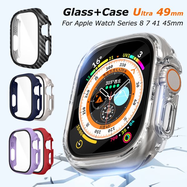 Boîtier en verre trempé en fibre de carbone pour Apple Watch Ultra 49mm 41 45mm 42 44MM Couverture transparente étanche pour Iwatch 8 7 6 5 4 Se