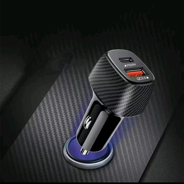 Chargeur de voiture en fibre de carbone PD USB C 15W Type C QC 3.0 Chargeur de charge rapide Chargeurs d'alimentation automatique pour Samsung iPhone 14 13 Xiaomi LG