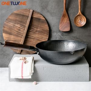 Sartén Wok de acero al carbono Juego de wok para saltear de 32 cm con tapa de madera Sartén antiadherente de fondo plano para inducción eléctrica y estufa de gas 220423