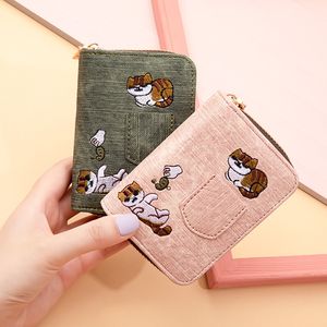 Cartera para tarjetas, bolsillos para estudiantes, monedero para mujer, carteras cortas coreanas, soporte de lona bordado, linda chica, plegable Simple