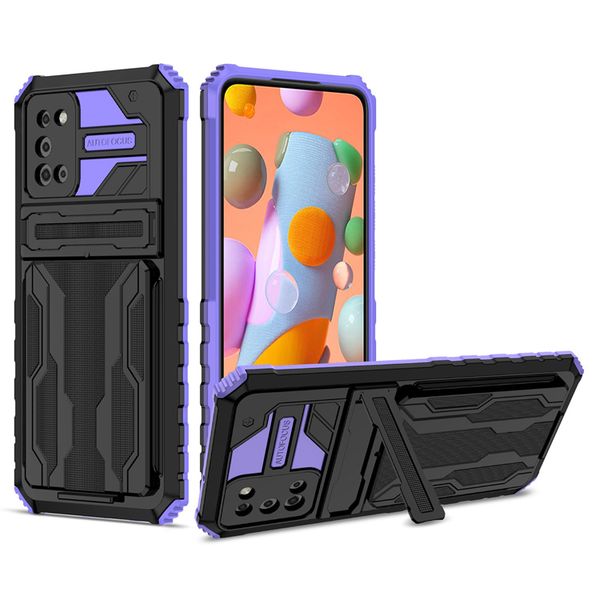 Bolsas de tarjetas Pocket Kickstand cajas de teléfono al por mayor de Samsung A02S A32 4G / 5G A52 A42 A51 S21FE antirroques antirrocesador tienen protector de cámara