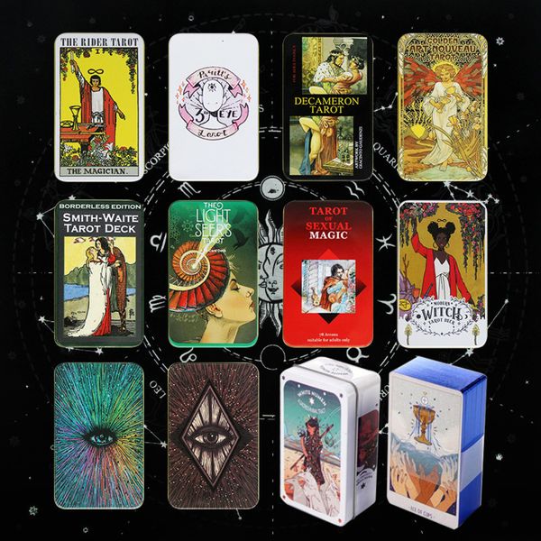 Jeux de cartes Boîte en fer blanc Processus de dorure de haute qualité Tarot Deck 78 s 44 avec guide Divination affective mystique 221125