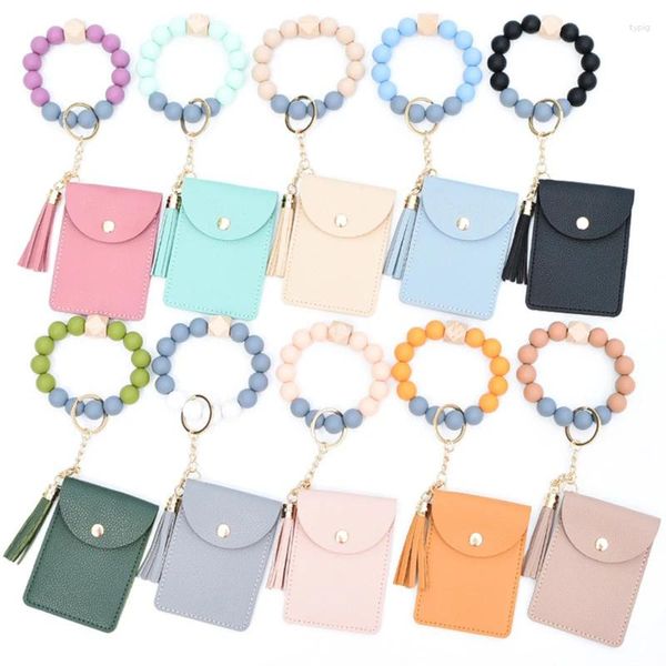 Titulares de tarjetas 1 unid mujeres multi billetera moneda pulsera de cuentas de silicona bolsa sólida pulsera llavero borla