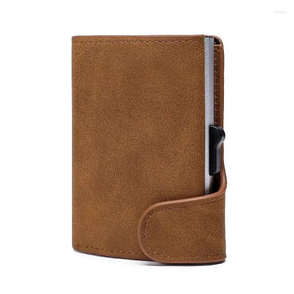 Titulaires de cartes Smart Wallet ID Titulaire en cuir Ultra-mince Business Hommes Cardbag Automatique Anti-vol Brosse Boîte en métal