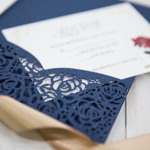 Tarjeta de invitación de boda con sobres de tarjetas de RSVP estilo de bolsillo plegable azul marino invitaciones universales elegantes