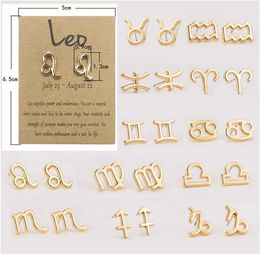 Emballage de cartes Boucles d'oreilles à tige avec 12 constellations d'astrologie plaqué or 18 carats pour femmes et filles, cadeau d'anniversaire, d'amitié, bijoux