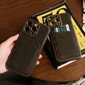 Cartes Pocket Phone Cases Designers for Apple iPhone 15 Gold Label Back Covers Brown Flower Leather 14 Pro Max 13 12 Case 1PC