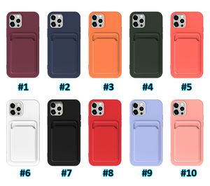 Titulaire de la Fente pour Carte Silicone Liquide Doux Téléphone étuis pour iphone 14 13 12 11 Pro Max Mini XR XS X 8 7 6 Plus Couleur Pure TPU Housse