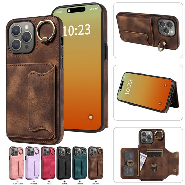 Paquete de ranuras para tarjetas Fundas de billetera de cuero para iPhone 15 Plus 14 Pro 13 12 11 X XR XS MAX 8 7 Moda Metal Anillo de dedo Titular Teléfono Contraportada Kickstand Libro Cash Stand Bolsa