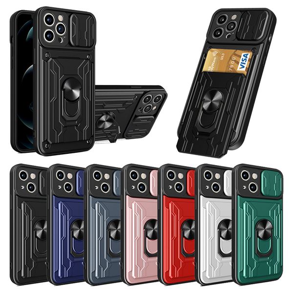 Carte Slot Pocket Phone Bags Case pour iPhone 15 14 Plus 13 12 11 Pro Max Slice Camera Cover Protection Conception Kickstand Xsmax XR XS X 7 8 Plus Étui de téléphone