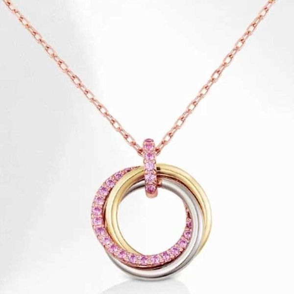 Tarjeta Collar de tres anillos Cuerpo completo S925 Plata esterlina gruesa gruesa 18K Diamante rosa Diamante tres anillos Tres colores Cierro colgante Femenino