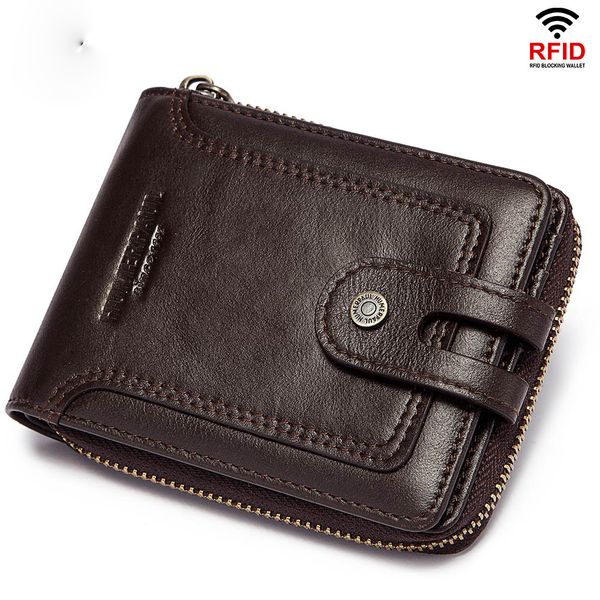 Cartera de tarjeta Llavero Cartera de diseñador Hombres Cartera informal para hombre Monedero RFID Antirrobo Bolsa de efectivo Cuero Hebilla multifuncional Cremallera Tarjetero de cuero de vaca retro