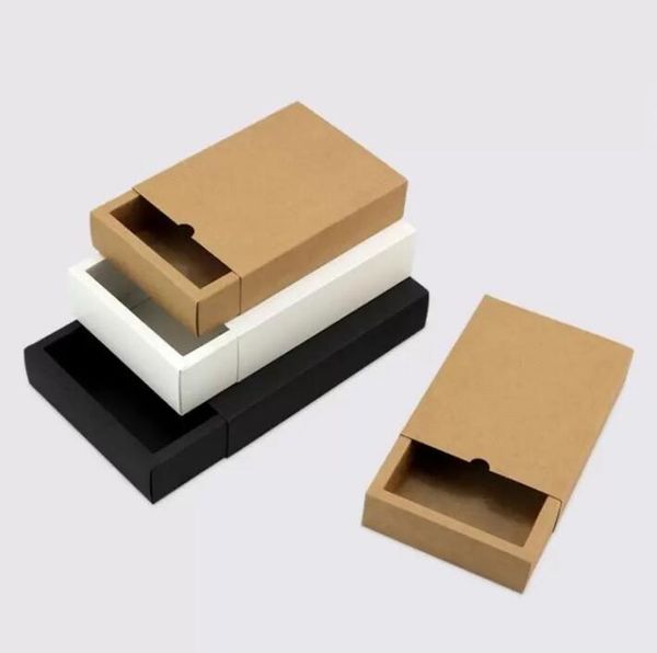 Caja de cartón Caja de cajón de papel kraft Boda Negro Marrón Blanco Caja de papel de embalaje de regalo para joyería / té / jabón de manos / dulces por favor Observación Color