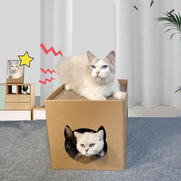 Boîte à gratter en carton pour chat avec tampons à gratter pour chats d'intérieur jouer maison chat gratter jouet fournitures pour animaux de compagnie