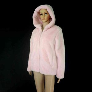 Cardiga fausse fourrure veste femme rose haut hiver femmes manteaux à manches longues à capuche Shorts manteau 211207