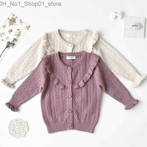 Cardigan 1-7Y bébé filles Cardigan tricot veste filles mignonnes pull manteau évider à volants coton infantile tricoté Cardigan bébé tricot vêtements Q231207