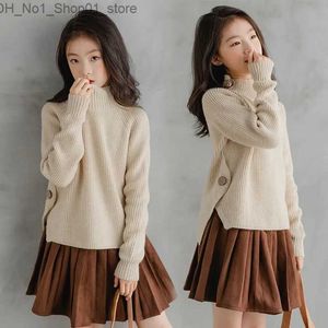 Cardigan 5-14Y Kids Clothes 2023 Spring Solid Color Sweaters for Girls Knitwear Turtleneck Pullover Outerwear Teenage Children Clothing Q231206