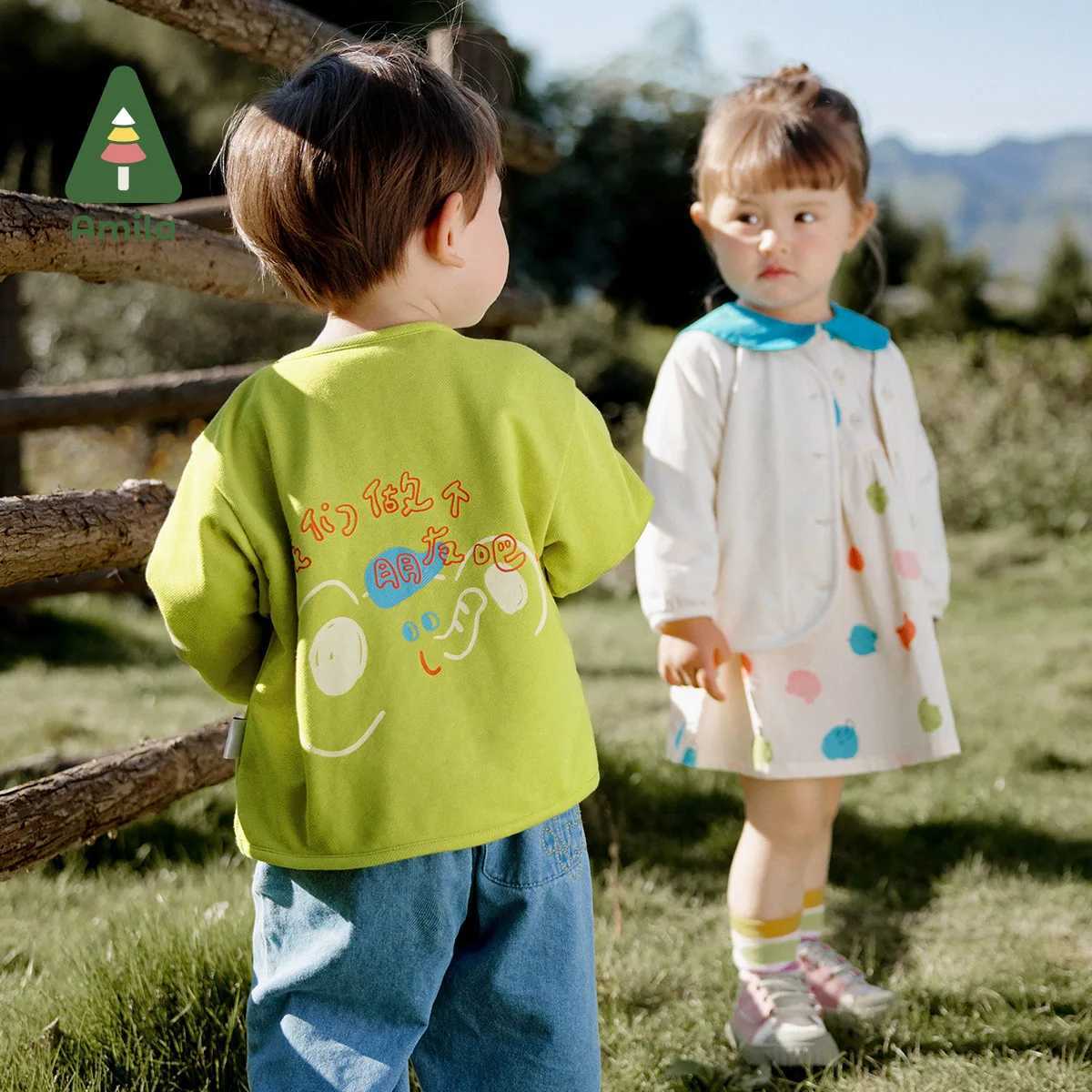 Cardigan Amila 2024 Spring New Boys Girls Solid Color Cardigan Cartoon Embroidery and Print High Quality Simple Casual CoatL2405L2405