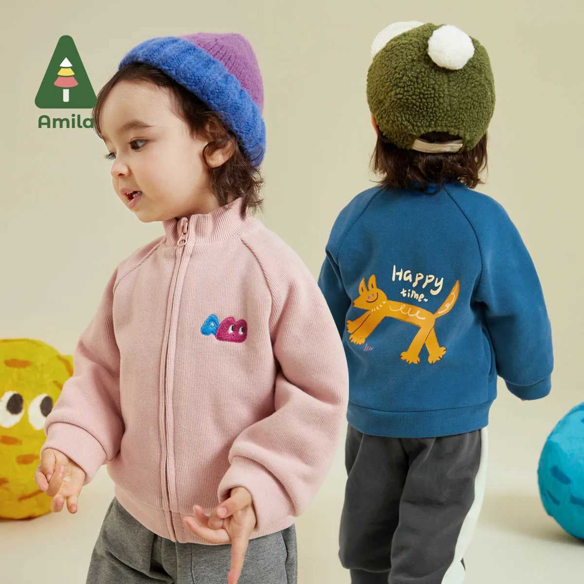 Cardigan Amila Baby Boys and Girls 2023 New Autumn Letter Design Embroidered Eco friendly Printed Warm JacketsL240502