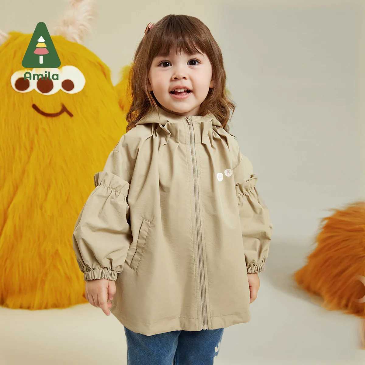 Cardigan Amila Baby Jacket 2023 Осень новый вырез и сшивая ветропроницаемая дождь модная и теплая девушка милая детская одежда240502