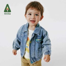 Cardigan Amila Baby Jackets 2024 Spring Nouveau coton pur Coton Migne Collier Flip Flip Casual Long Manneved Denim Mabet pour Boysl2405