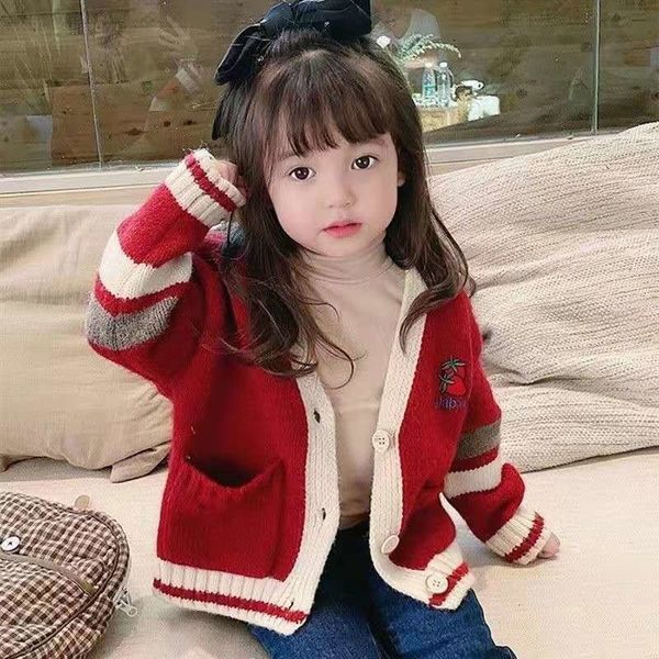 Cárdigan otoño bebé niña niños ropa de invierno fresa niños Tops ropa manga larga Casual niños Lolita suéteres rojo 230310