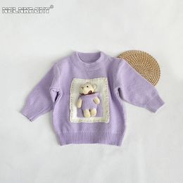 Cardigan automne chez les enfants bébé filles à manches longues Patch froncé 3D ours poupée haut tricoté pull enfants mignon vêtements de fond 231012