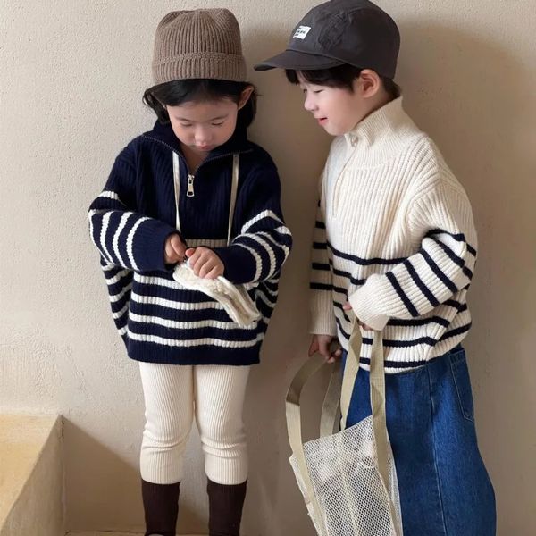 Cardigan tricoté pour enfants, vêtements d'automne, pull Simple à rayures pour garçons, hauts décontractés, amples pour filles, 2023, 231021