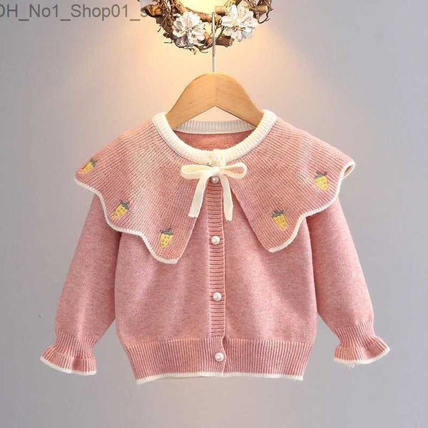 Cardigan Mode Filles Pull Cardigan Printemps Automne Nouveau Bébé Col Peter Pan Manteaux Tricotés Infantile Enfants Chandails Chauds Épaissis Q231206