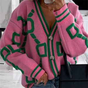 Cardigan pour femmes vert rayé rose tricot bouton dame Cardigans pulls col en v lâche décontracté hiver tricoté manteau mode 220811