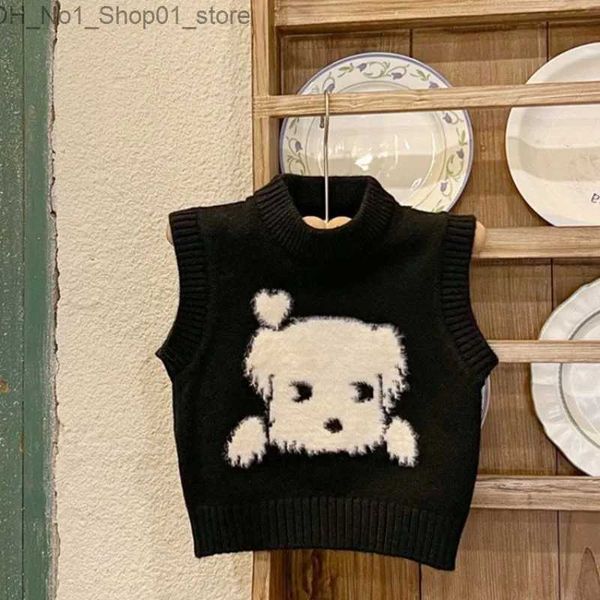 Cardigan HoneyCherry Niños Lindo Dibujos animados Cachorro Chaleco Otoño Niños y Niñas Negro Cuello Redondo Jersey Punto Suéter Chaleco Q231206