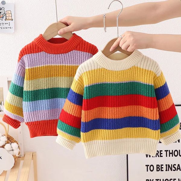 Cardigan Niños Otoño Suéter Bebé Niñas Niños Invierno Manga Larga Rayas Arco Iris Jersey Niño Niños Punto Cálido 231021