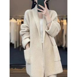 Cardigan pull femmes Style paresseux ample longueur moyenne haut col en laine pardessus tricoté automne hiver épaississement veste 240126