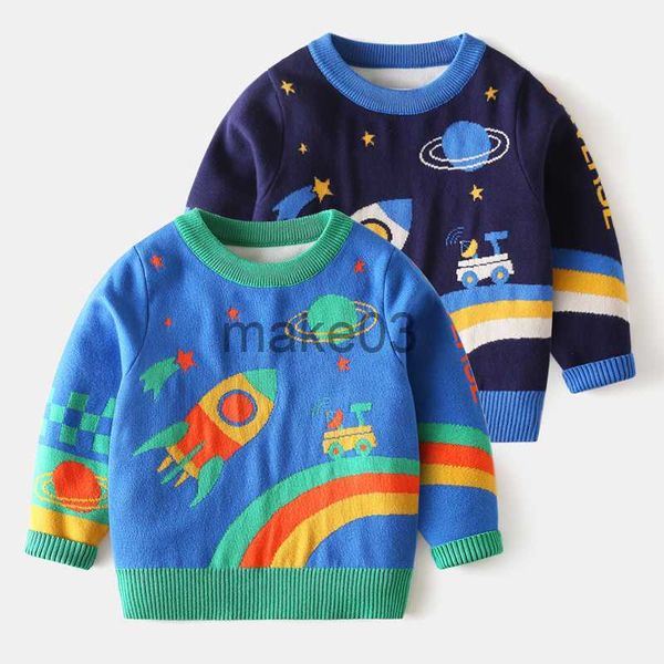 Cardigan Hiver Bébé Garçon Vêtements Dessin Animé Chandail Tricoté Espace Motif À Manches Longues O Cou Épais Bleu Pull Tops Pour Enfants 27Y J230801