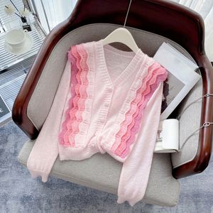 Cardigan Women Sweater White Ruffles Tops Korean Chic Fashion V-Neck Gebreide Kleding Spring herfst Pink Patchwork Casual 2023