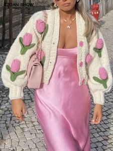 Cardigans 2022 Retro handgemaakte haak 3D Flower Ball Cardigan Vintage Woman V Nek lange mouw paarse breien trui gebreide trui