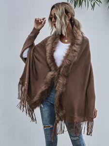 Cárdigans con Cuello de piel para mujer, chales y cárdigan de envoltura, suéter bohemio con flecos y manga de murciélago, Ponchos, abrigo, invierno 2022