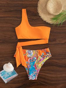 Cardigans 2023 Nieuwe push -up enkele schouderstreep dames bikini set hooggesneden bedrukte bodem gevulde badmode zomer strandkleding badkleding badpak