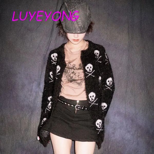 Cárdigans Otoño Punto abierto Top coreano Lady Skull Dark Goth Street Suéteres de punto de manga larga Negro Blanco Gótico Mujer Cardigan Suéter