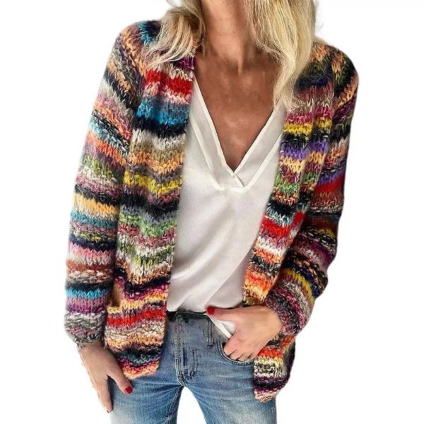 Cardigans automne Vintage pull Cardigan femmes à manches longues tricoté arc-en-ciel rayures tricoté manteau dames bureau