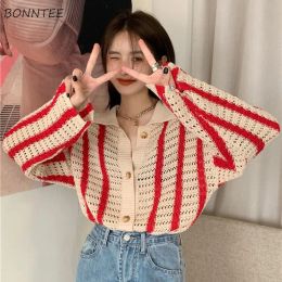 Cardigans Cardigan femmes lambrissé évider col rabattu décontracté Vintage Allmatch tendre collège Femme pull Streetwear Ulzzang nouveau